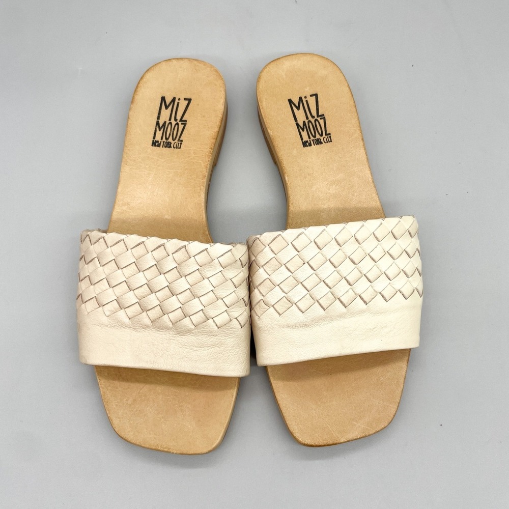 Miz Mooz Pluck Slide Sandals Womens 38 7.5 Cream Leather Woven Flat Coastal Boho